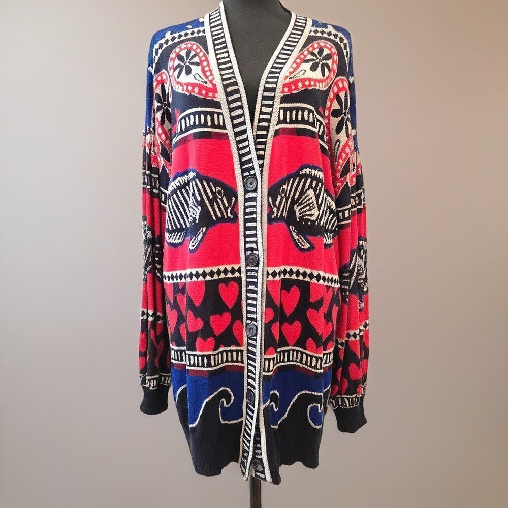 Farm Rio Navy & Red Mixed Print Fish and Hearts Cardigan. Retails $198 - Picture 4 of 9